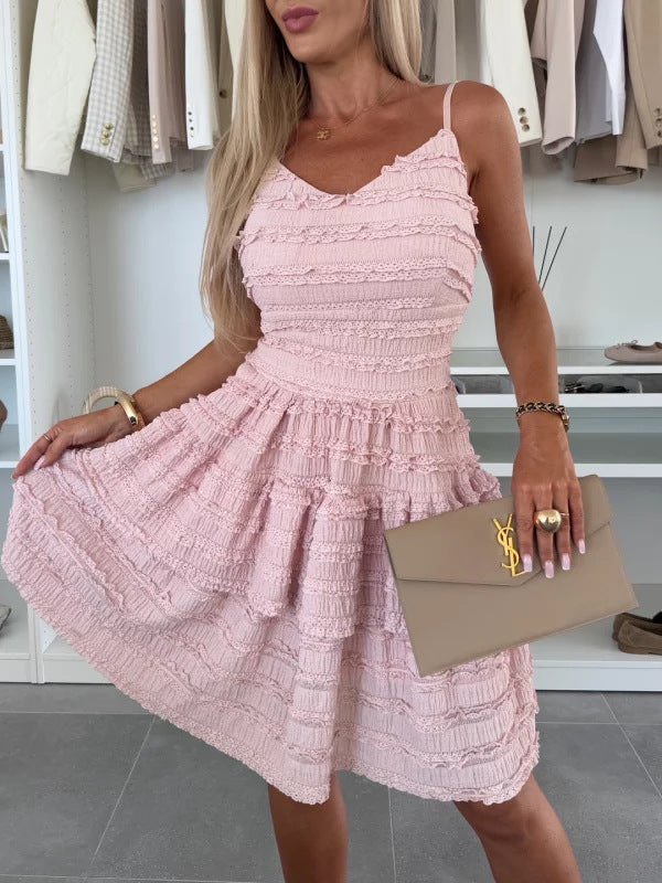 Women's Ruffled Spaghetti Straps Lace Dress