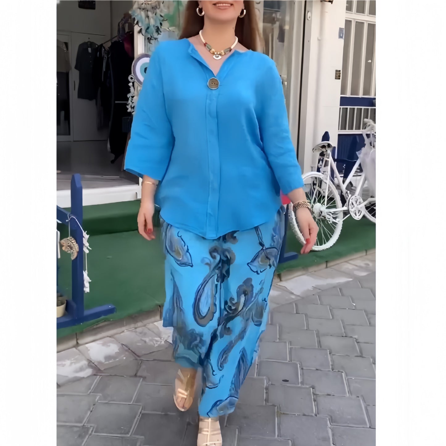 Cotton And Linen Long-sleeved Shirt Casual Printed Straight-leg Pants Two-piece Set