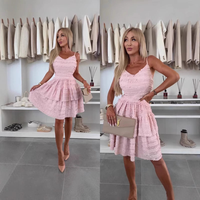 Women's Ruffled Spaghetti Straps Lace Dress