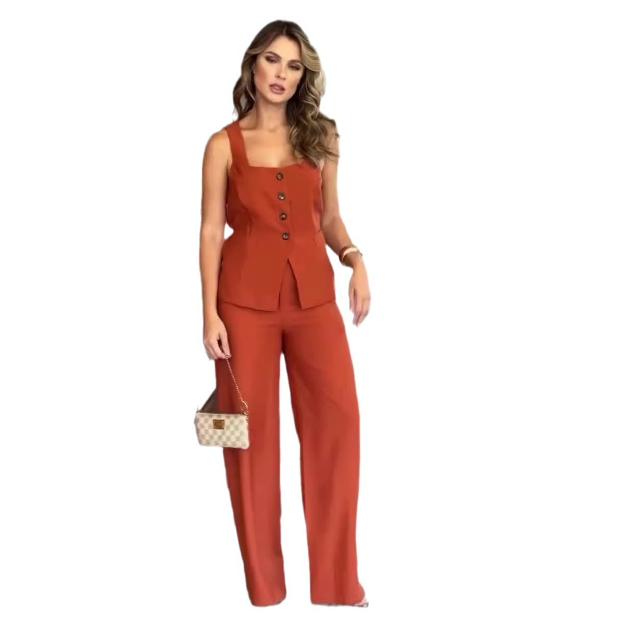 Solid Color Square Collar Slim Strap Elegant Wide Leg Trousers Suit For Women