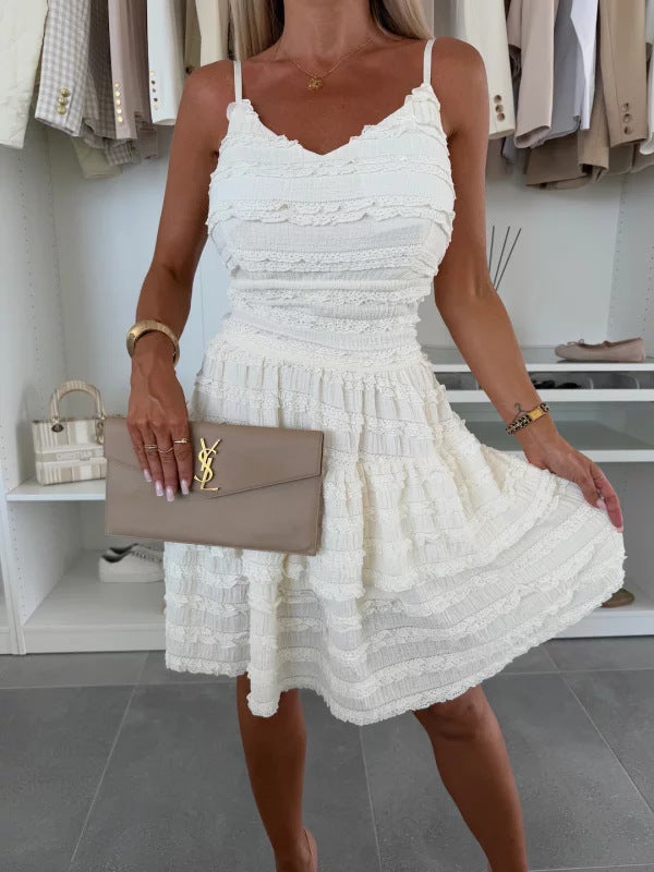 Women's Ruffled Spaghetti Straps Lace Dress