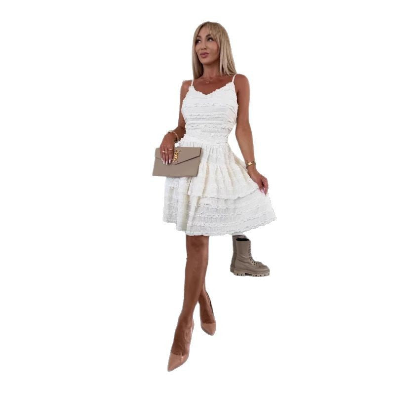Women's Ruffled Spaghetti Straps Lace Dress