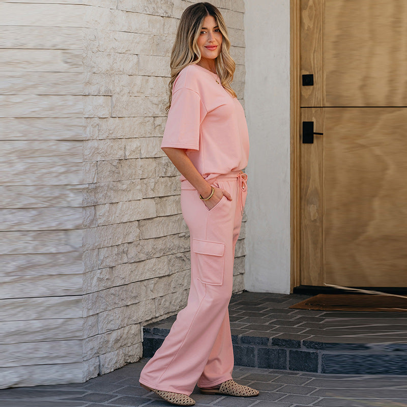 Spring And Summer New Solid Color Short Sleeve Two-piece Set Women's Casual