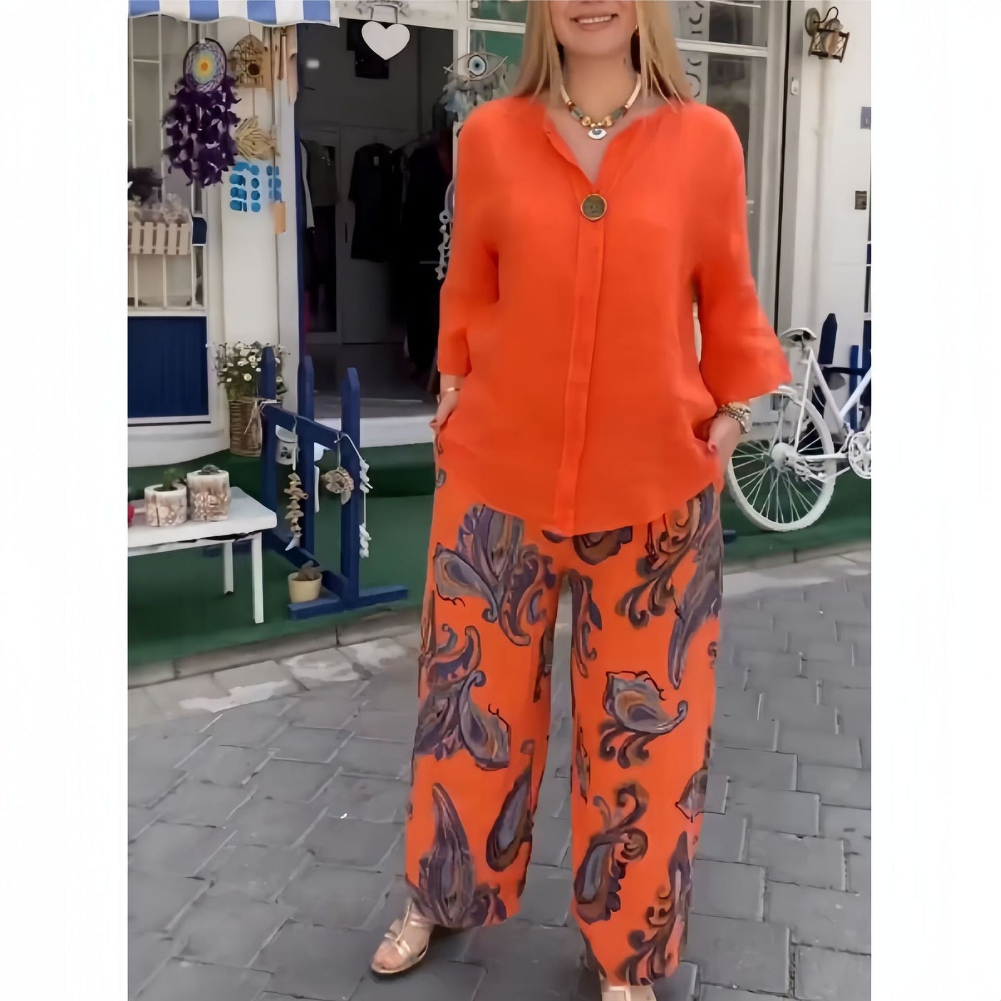 Cotton And Linen Long-sleeved Shirt Casual Printed Straight-leg Pants Two-piece Set