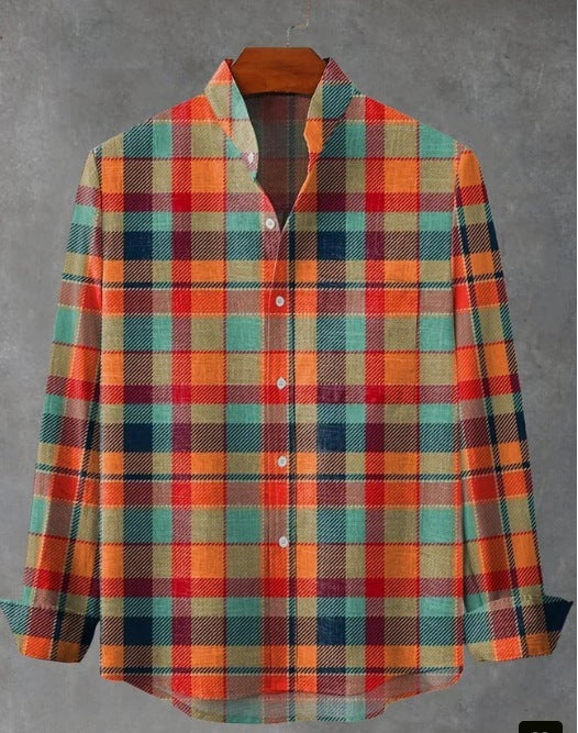Men's Stand Collar Long Sleeve Shirt Plaid
