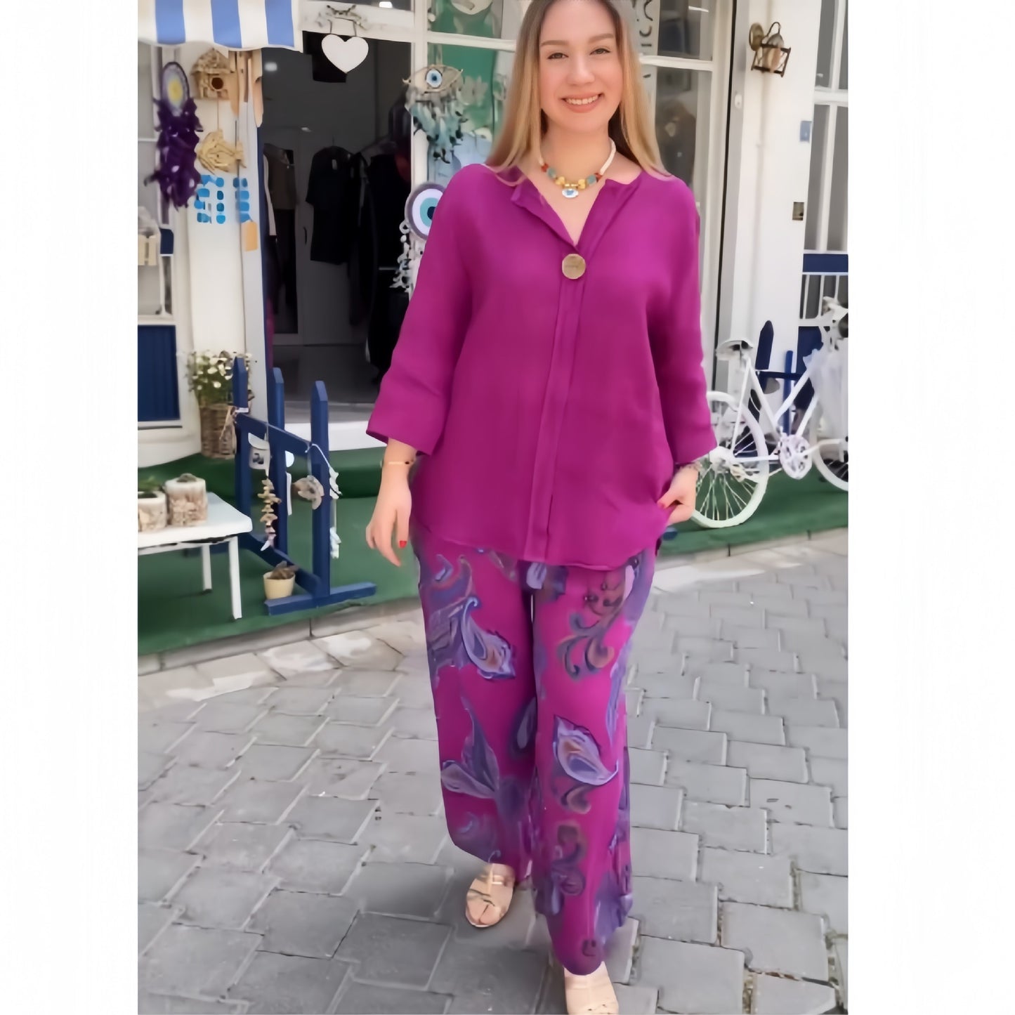 Cotton And Linen Long-sleeved Shirt Casual Printed Straight-leg Pants Two-piece Set