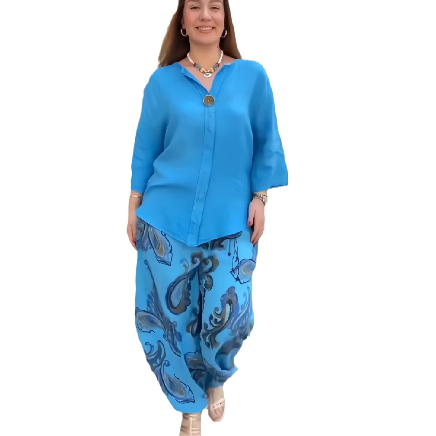 Cotton And Linen Long-sleeved Shirt Casual Printed Straight-leg Pants Two-piece Set