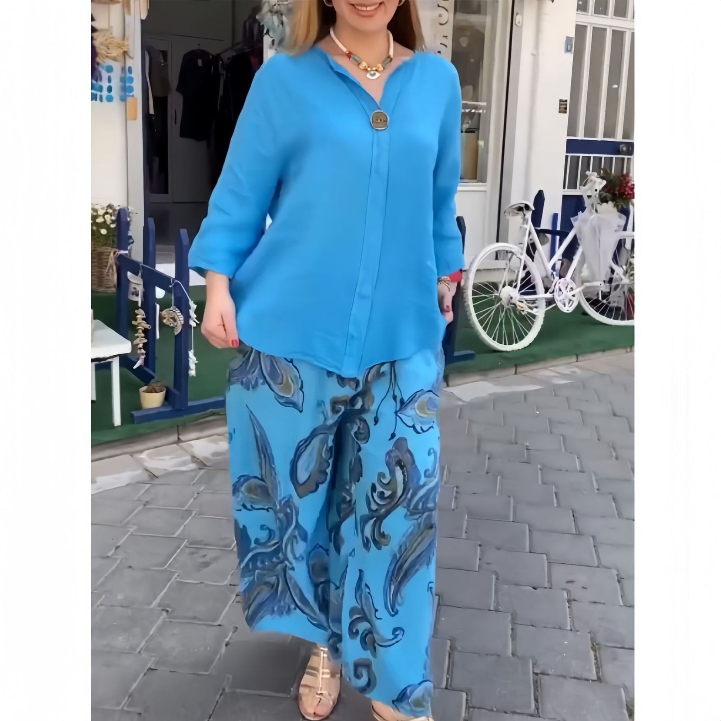 Cotton And Linen Long-sleeved Shirt Casual Printed Straight-leg Pants Two-piece Set