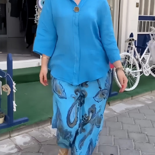 Cotton And Linen Long-sleeved Shirt Casual Printed Straight-leg Pants Two-piece Set