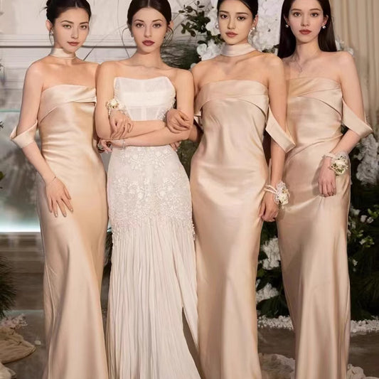 Simple Elegant High-grade Satin Sisters Champagne Dress