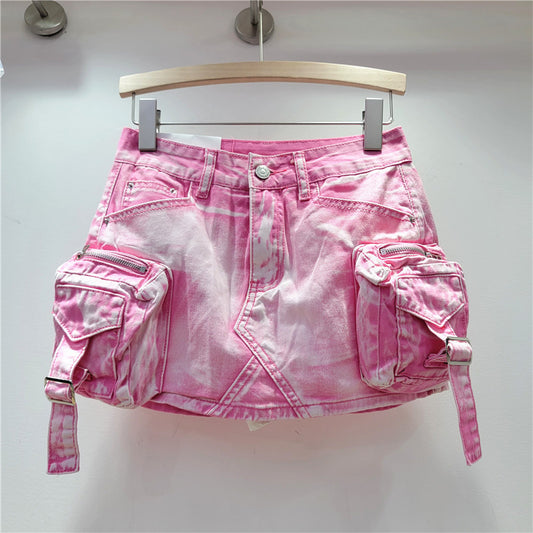 Retro Three-dimensional Workwear With Pocket Denim Skirt